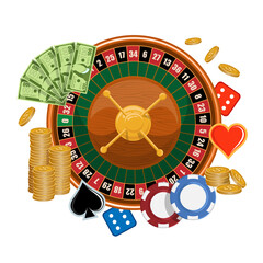 European roulette. Logo for Roulette gamble. Red & Black Betting casino squares. Casino gambling. Gamble game in online casino. Classic casino roulette. Chips, croupier, craps dice, and playing cards.