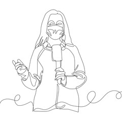Young-journalist-with-microphone-wearing-medical-mask-with-white-background -news reporter-one line art