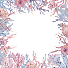 Frame of seaweed, coral and shells. Hand-drawn watercolor illustration. Underwater template.