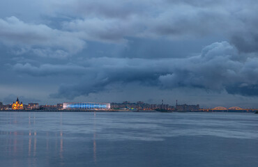 Nizhny Novgorod. The original view of the city, arrow, stadium and Alexander Nevsky Cathedral in...