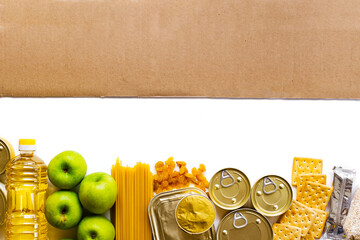 Food delivery, Donation. Food supplies crisis food stock for quarantine isolation period on white...