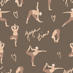 Yoga time. Plus size woman in various yoga asanas. Vector illustration in hand drawing flat style, pastel colors. For blogs, design.