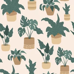 Keuken foto achterwand Planten in pot Naadloos patroon van kamerplanten in hangende potten, Scandinavisch interieur. Vectorillustratie, platte cartoonstijl.