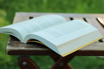 Das Buch steht auf einem hölzernen Couchtisch und grünes Gras schaut nach hinten