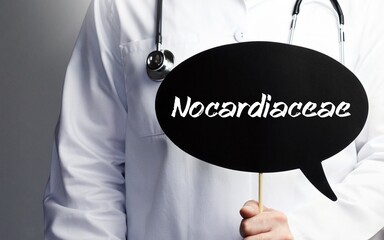 Nocardiaceae. Doctor with stethoscope holds speech bubble in hand. Text is on the sign. Healthcare,...
