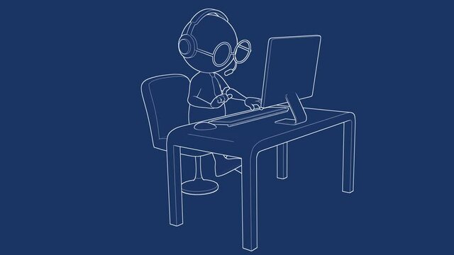 Phone assistant with glasses, headphones and microphone typing on computer. White outline seamless animation on blue background