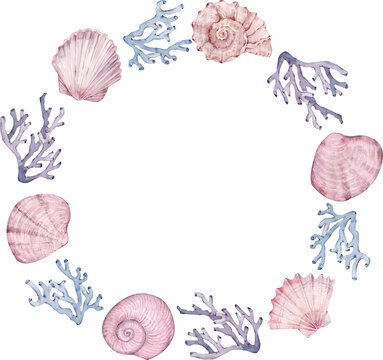 Watercolor frame with light pink seashells and seaweed. Summer swimming template.