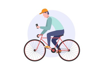 Man rides a bicycle and use smartphone. Vector flat web illustration. Male sitting on bike and holding mobile phone. Web illustration isolated on white background.