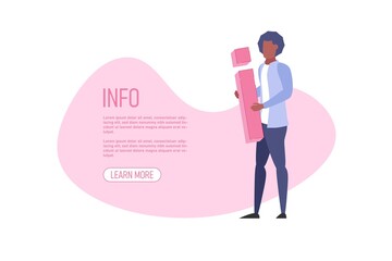 Man holding big i letter in hands. Info center, customer online communication concept. Helpdesk, clients assistance, helpful information. Vector web illustration isolated on white background.