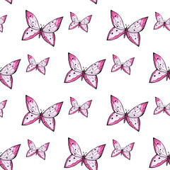 Seamless pattern of pink butterflies on a white background. Vector stock illustration.