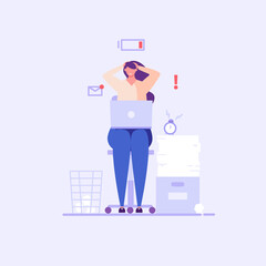 Woman sitting with laptop, no vigor. Concept of tired people, stress and emotional burnout, low energy, frustrated worker, inefficiency. Vector illustration in flat design.