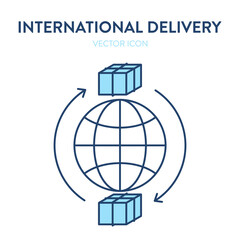 International delivery icon. Vector illustration of globe icon with parcel boxes and arrows around it. It represents a concept of international delivery, logistic service, world shipping