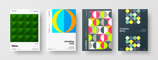Fototapeta premium Company identity brochure template collection. Business presentation vector A4 vertical orientation front page mock up set. Corporate report cover abstract geometric illustration design layout bundle.