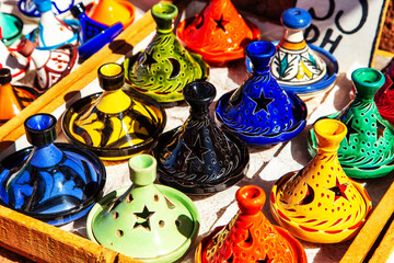 Decorative Tajines at a market in Marrakech.