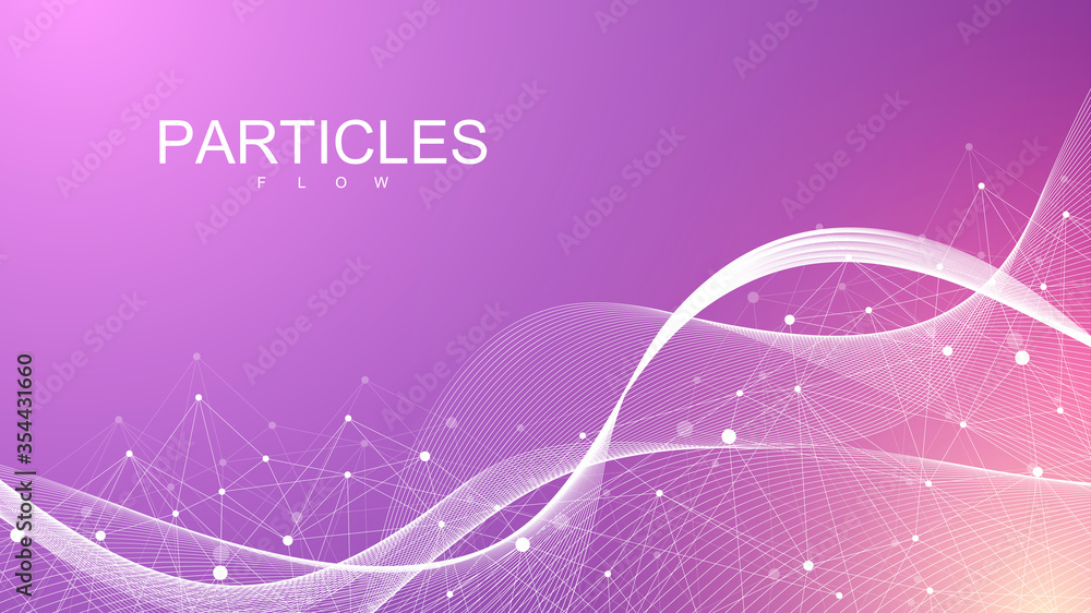 Poster Abstract dynamic motion lines and dots background with colorful particles. Digital streaming background, wave flow. Plexus stream background. Big Data technology, vector illustration