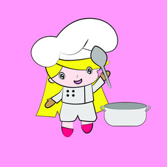 chef vector illustration of cute chibi character isolated for kids learn jobs. Background, t-shirt, card and sticker profession
