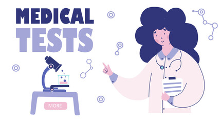 Medical tests laboratory, vector illustration flat design. Scientific research, cartoon web banner, webpage.