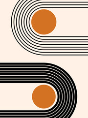 Abstract contemporary aesthetic background with geometric balance shapes, two rainbow and sun circles. Boho wall decor. Mid century modern minimalist print. Neutral Geometric art. Organic shape.