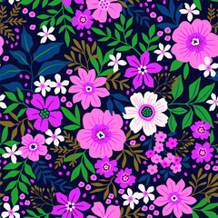 Fototapeta na wymiar Trendy seamless vector floral pattern. Endless print made of small colorful flowers, leaves and berries. Summer and spring motifs. Vector illustration.