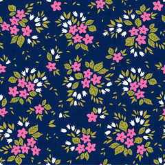 Fototapeta na wymiar Vintage floral background. Seamless vector pattern for design and fashion prints. Floral pattern with small pink flowers on a dark blue background. Ditsy style.