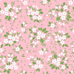 Floral pattern. Pretty flowers on light pink background. Printing with small white flowers. Ditsy print. Seamless vector texture. Spring bouquet.