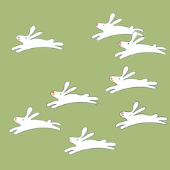 Vector illustration of eight running cute white hares and rabbits. Can be used for prints, cards, decor,textile.