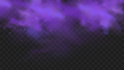 Purple smoke isolated on transparent dark background. Abstract purple powder explosion with particles and glitter. Smoke hookah, poison gas, violet dust, fog effect. Realistic vector illustration © janevasileva