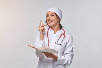 Medical concept of a female doctor in a white coat with a stethoscope, doctor.