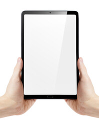 Tablet computer in male hands, isolated on white background