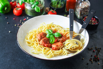  pasta spaghetti meatballs tomato sauce Menu concept healthy eating. food background top view copy...
