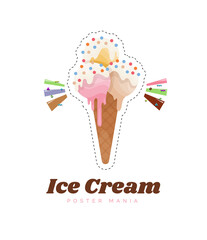 Ice cream sticker or badge. Color vanilla ice cream dessert. Kids sweets. Cute ice cream cone cartoon vector illustration