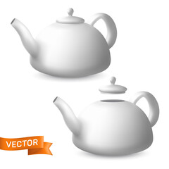 Porcelain teapots side view vector set. Realistic illustration of ceramic kettles with lids. Modern tableware crockery pot for tea and other hot drinks preparation