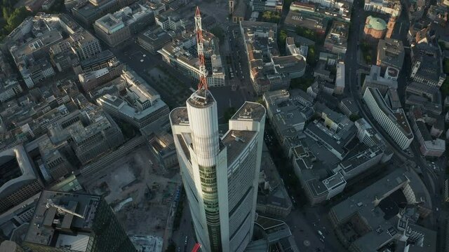AERIAL Overhead View of Frankfurt am Main, Germany Enourmous Skyscraper with Empty Streets due to Coronavirus Covid 19 Pandemic