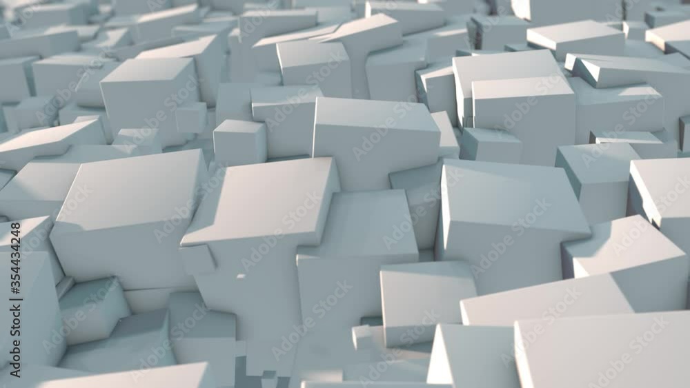 Poster abstract 3d animation of a set of white cubes in a staggered order. cubes change position and size. 
