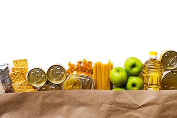 Food delivery, Donation. Food supplies crisis food stock for quarantine isolation period on white...