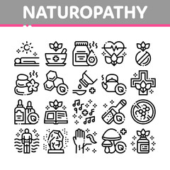 Traditional Naturopathy Medicine Icons Set Vector. Naturopathy Alternative Therapy With Honey And Herb, Music And Mushrooms Concept Linear Pictograms. Monochrome Contour Illustrations
