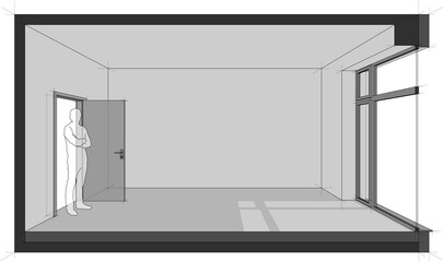 diagram of a empty room with door and tall window and standing man in the opened door