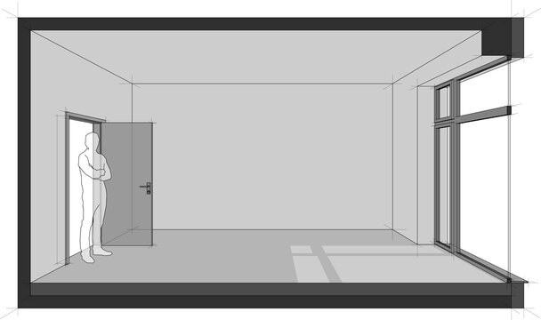 diagram of a empty room with door and tall window and standing man in the opened door