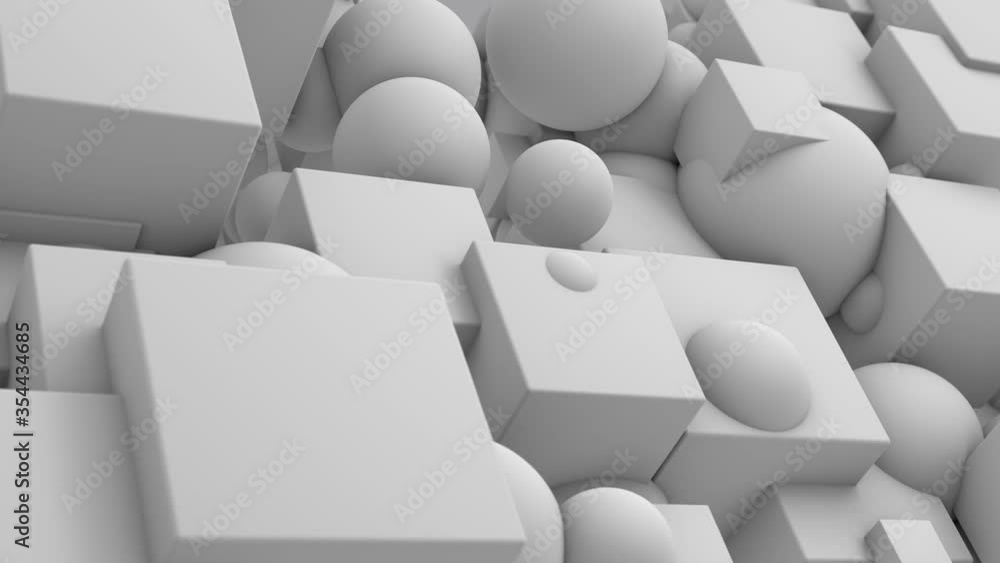 Poster abstract 3d animation of a geometric background with a lot of white cubes that lose their structure 