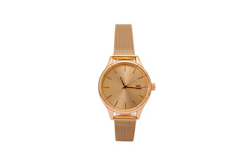 Classic round dress wristwatch with orange matte metal mesh strap and orange dial face, isolated on white background.