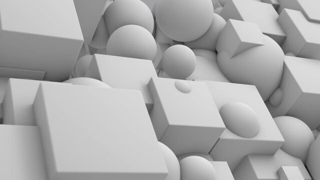 Abstract 3D animation of a geometric background with a lot of white cubes that lose their structure and shape and turn into spheres. Chaotic geometric background, seamless 4K animation.