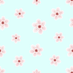 Beautiful cherry blossoms seamless pattern on blue background. Sakura in bloom. Cute flowers flowing in the wind.