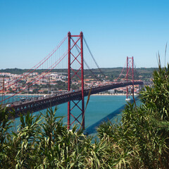 The bridge 25th of april in Lisbon, Portugal. View on the bridge through the green plants.
