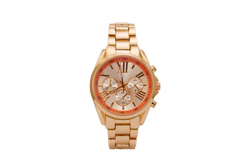 Gold colored elegant chronograph wristwatch with metal oyster style bracelet, yellow and orange colored dial face and roman numerals isolated on white background.