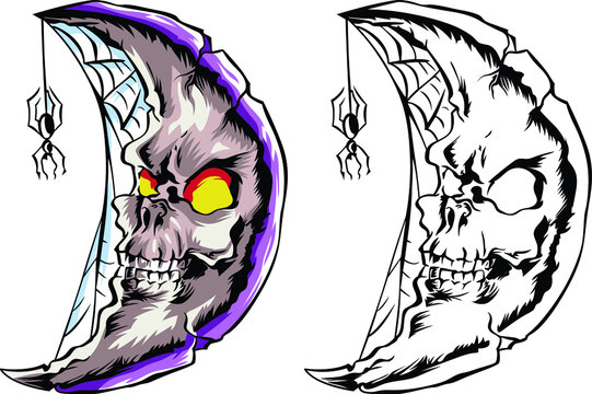 Fantastic crescent in the shape of a human skull with a spider. Color pattern in tatto style. Vector illustration