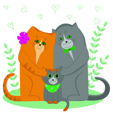 Cute cartoon cats. Family of cats with a kitten. Vector illustration with flat style.