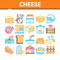 Cheese Dairy Food Collection Icons Set Vector. Cheese On Sliced Bread Sandwich Breakfast And Milky Product Piece, Grater And Cut Board Concept Linear Pictograms. Color Illustrations