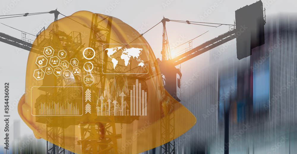 Poster double exposure engineering using digital technology interfaces icon with construction cranes no cit
