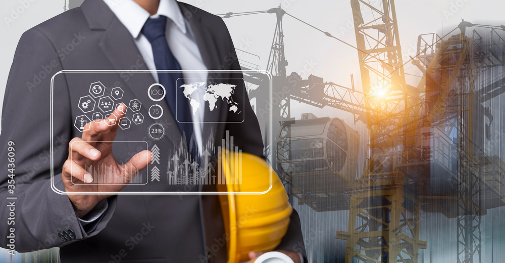 Poster double exposure engineering using digital technology interfaces icon with construction cranes no cit