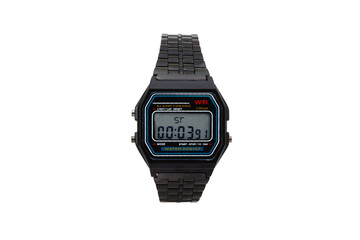 Black digital chronograph wristwatch with black engineer style bracelet, isolated on white...